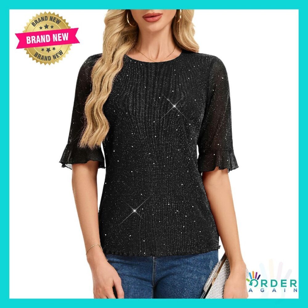 Sparkle Sequin Mesh Top 3/4 Bell Sleeve Elegant Evening Party Blouse Chic
